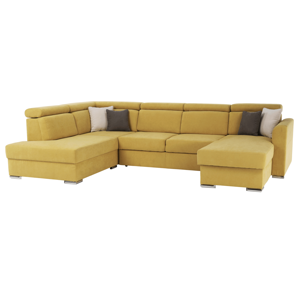 Luxus kivitelű ülőgarnitúra, sárga/barna párnák, jobbos, MARIETA U